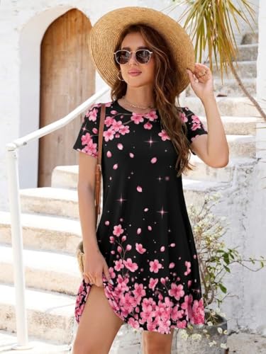 Image of Heymoments Women's Short Sleeve Crewneck Sundress Summer Casual A-Line Beach Dress with Pockets S-2XL