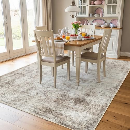 Tapete de área 5x7 beige y marrón lavable antideslizante miniatura 5