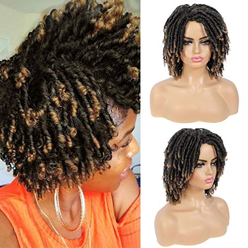 YVELIEN Short Curly Wig for Women with Bangs Ombre Braided Wigs Bob, Soft Dreadlocks Wigs Made by Fiber Synthetic Hair (1B/27)
