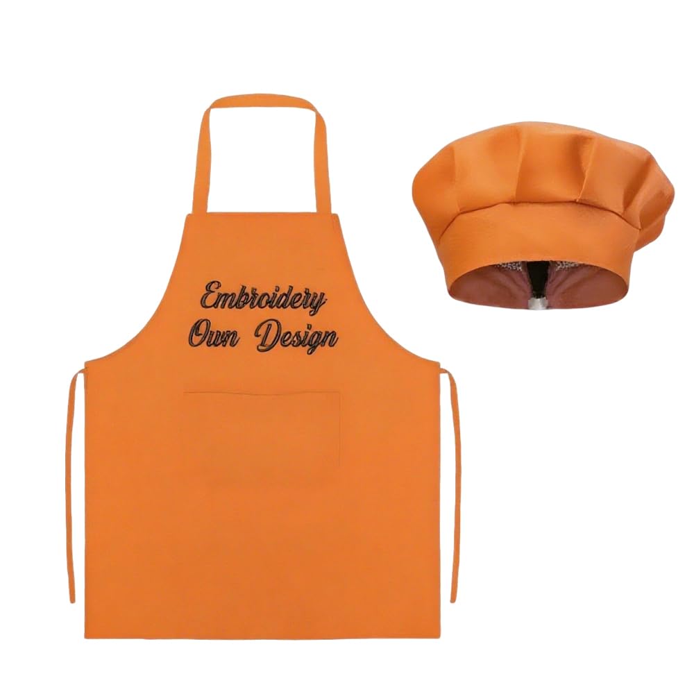 Colifolu Personalised Kids Apron with Embroidered Name,Customisable Cooking Baking Role Play Chef Hat for Children & Adults (Orange)