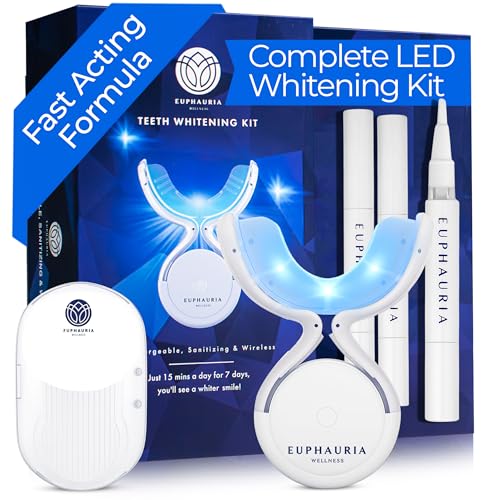 Euphauria Sensitive Teeth Whitening Kit with LED Light At Home, 12% Hydrogen Peroxide Teeth Whitening Gel Pen (Pack of 3), Enamel Safe, Rechargeable Wireless Red & Blue UV Whitening Spectrum with Case