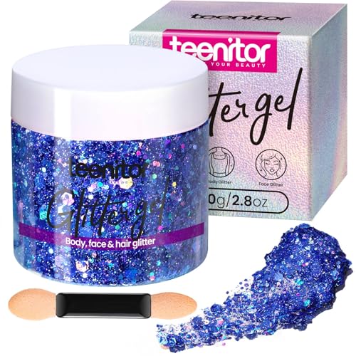 Teenitor Blue Body Glitter Face Glitters Body Glitter Gel Hair Glitter Gel 80g/2.8oz Holographic Blue Glitter Makeup for Face Body Hair