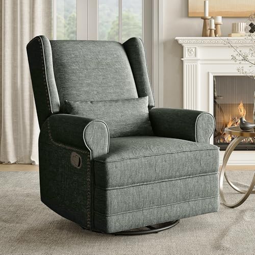 Image of RoyalCraft Swivel Recliner Chair, Comfy Glider Rocking Chairs with Lumbar Pillow and Footrest, Upholstered Swivel Rocking Chair for Bedroom, Dark Green