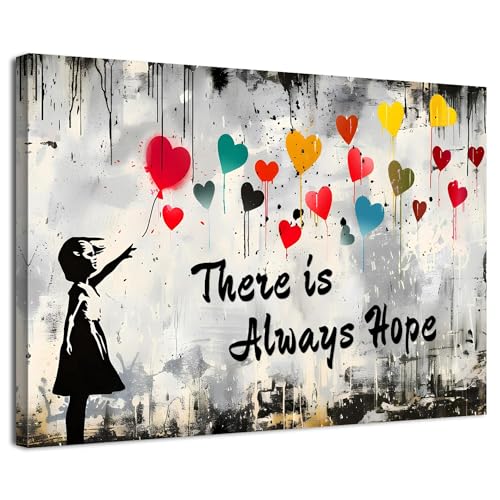 Banksy Canvas Wall Art Black and White Graffiti Girl Pictures with Colourful Balloons Wall Decor There is Always Hope Inspirational Quotes Artwork for Living Room Bedroom Home Decorations 30x40cm