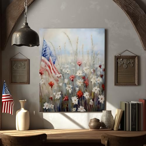 Image of Memorial Day Canvas Print, Patriotic American Flag Wildflowers Oil Painting, Red White Blue Field Poster Framed Art, USA Independence Day Artwork for Living Room or Porch Decor 20x24inch