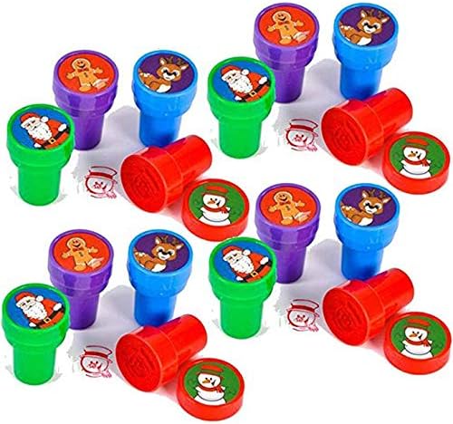 24 Christmas Assorted Bright Colored Plastic Stamps - Self Ink Christmas Stampers - Fun Gift, Party Favors, Party Toys, Goody Bag Favors