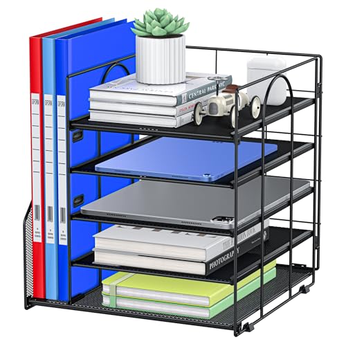 ADO04 Metal Mesh Desk Organizer, 5-Tier Paper Letter Tray with File Holder, Vertical Magazine/File Holder, Desktop Organizer for Office Supplies (Black) image 1