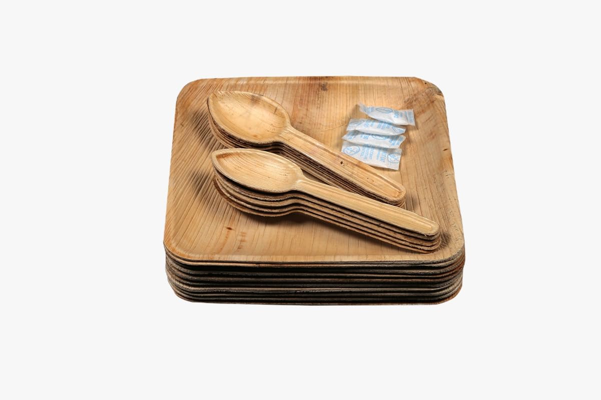 SAMP DEAL Palm Leaf Heavy Duty 7" Square Plate 20 pcs + Areca Spoon Combo Pack of 20 Pcs |Better Than Bamboo or Wood |Biodegradable Premium Party Plates (20 Pcs)