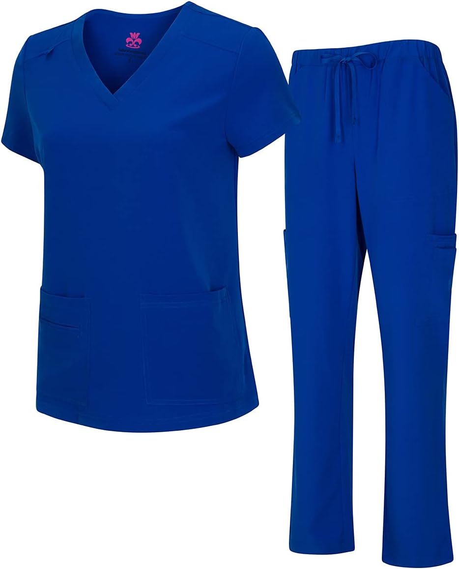 Natural Uniforms Women's Cool Stretch V-Neck Top and Cargo Pant Set (True Royal Blue, X-Large)