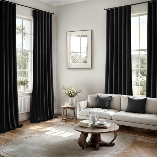 Image of MIULEE Velvet Curtains 50W x 96L 2 Panels Black Blackout Curtains | Luxury velvet fabric, pinch pleat design, back tab hooks, thermal insulated, blackout light blocking, for living room bedroom