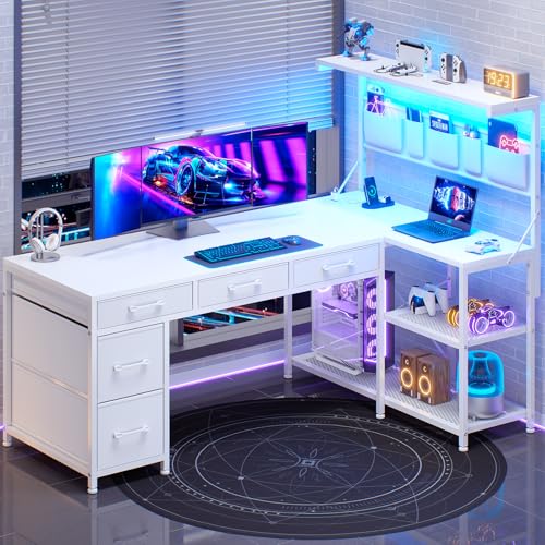 SEDETA Corner Computer Desk, Reversible L Shaped Computer Desk with Fabric Drawers and Power Outlet, 47.2” Gaming Desk with LED Lights, Storage Shel