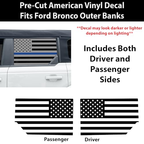 Image of BOGAR TECH DESIGNS Precut Rear Side Window American Flag Vinyl Decal Sticker Compatible with Ford Bronco 2021-2026, Thin Blue Line