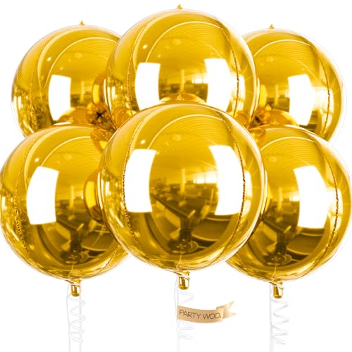 PartyWoo Metallic Gold Foil Balloons 6pcs 22 Inch Large Round Foil Big Giant 4D Jumbo Inflatable Mirror Ball Mylar Balloons for Graduation Birthday Baby Shower Anniversary Tea Party Decorations
