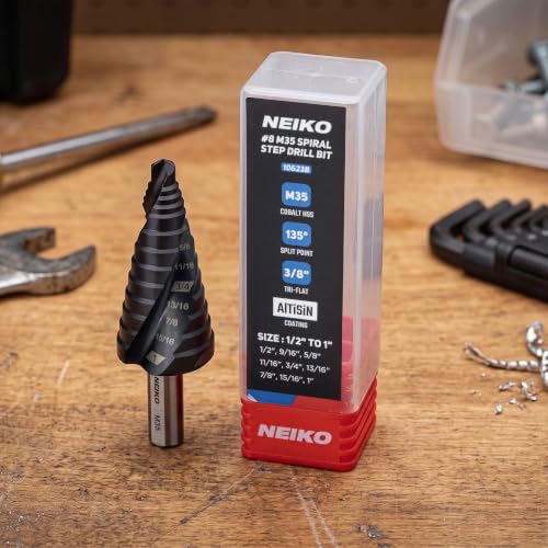 Image of NEIKO 10623B Step Drill Bit, 9 Steps 1 /2 inch to 1 inch Spiral M35 Cobalt, AlTiSiN Coated, 3 /8 inch Tri-Flat Step Bits for Steel, Metal, Wood, Plastic, Unibit Cone Drill Bits, Two Flute