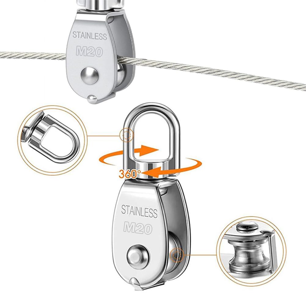 6 Stück M20 Drehbare Umlenkrollen Einzelrolle Edelstahl 304 für 8mm Seile | 360 Grad Drehbare Umlenkrolle mit Festem Auge,Tragfähigkeit: 75 kg