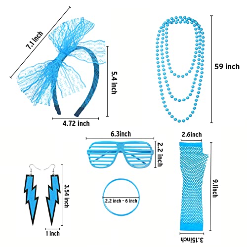 FACATH 80s Neon Necklaces Bracelets Fishnet Gloves Lace Bow Headband Neon Earrings 1980s Fancy Dress Accessories Green Party Costume for Women Girls Ladies (Blue) - Image 2