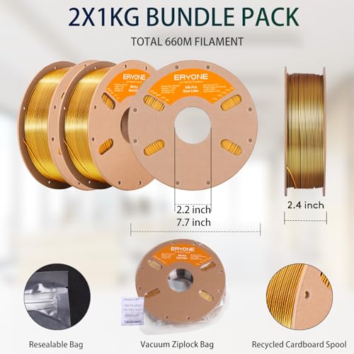 Image of ERYONE Silk Dual Color PLA Filament 3D Printer 1.75mm + /- 0.03mm, Bicolor Filament Two Tone PLA Bundle 2KG Cardboard Spool, Black Gold