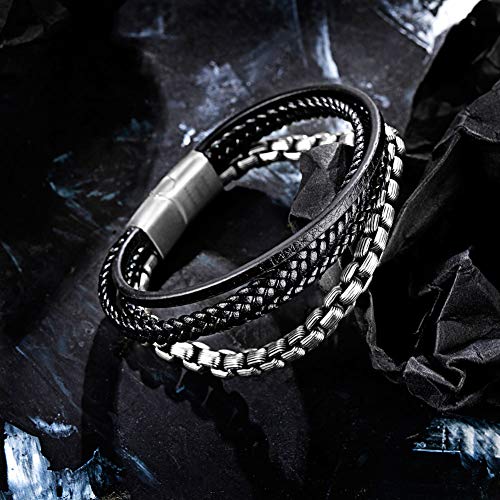 Image of Men's Leather and Steel Chain Bracelet with Clasp