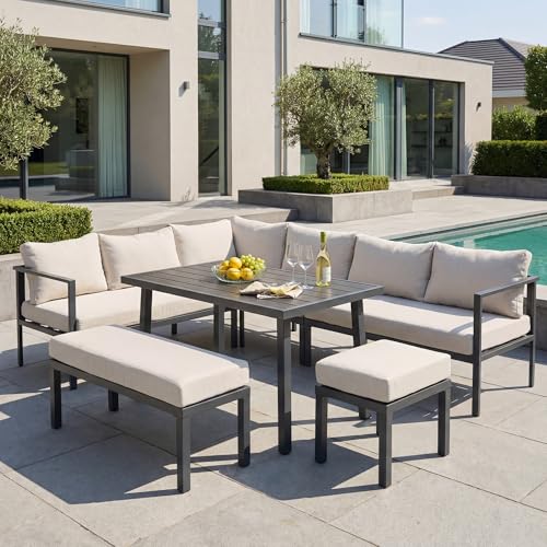 Sapgaks Ensemble de Salon de Jardin Exterieur pour 9 Personnes,canapé d'angle+Salle à Manger+ bancs,Tube en Acier galvanisé,Plateau en Bois Plastique...