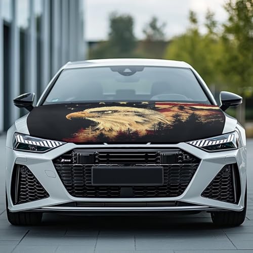 Image of Renewold Eagle American Flag Mountain Car Hood Cover Protector Hood Covers for Cars Indoor Outdoor Decor Hood Wrap Blanket Women Men Automotive Exterior Accessories