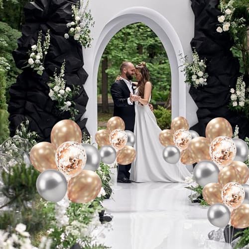 Image of 4 Set Balloon Stand with Champagne Silver Balloons and Pump | For Birthday Bridal Shower Wedding Engagement Anniversary Retirement Mother's Day New Years Party Supplies