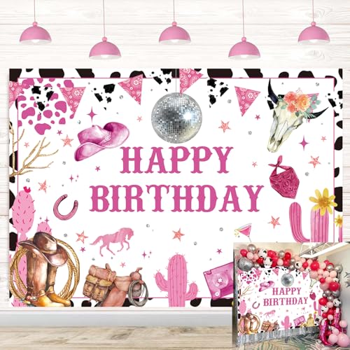 Toile de fond anniversaire de cowgirl occidentale rose disco 180x120cm aux finitions soignées