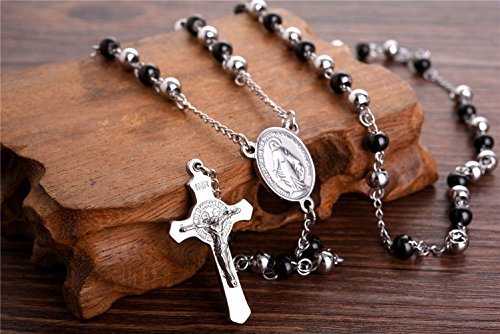 30" Stainless Steel Rosary Beads Necklace 6mm Black and Silver Color with Jesus Christ Crucifix Cross2