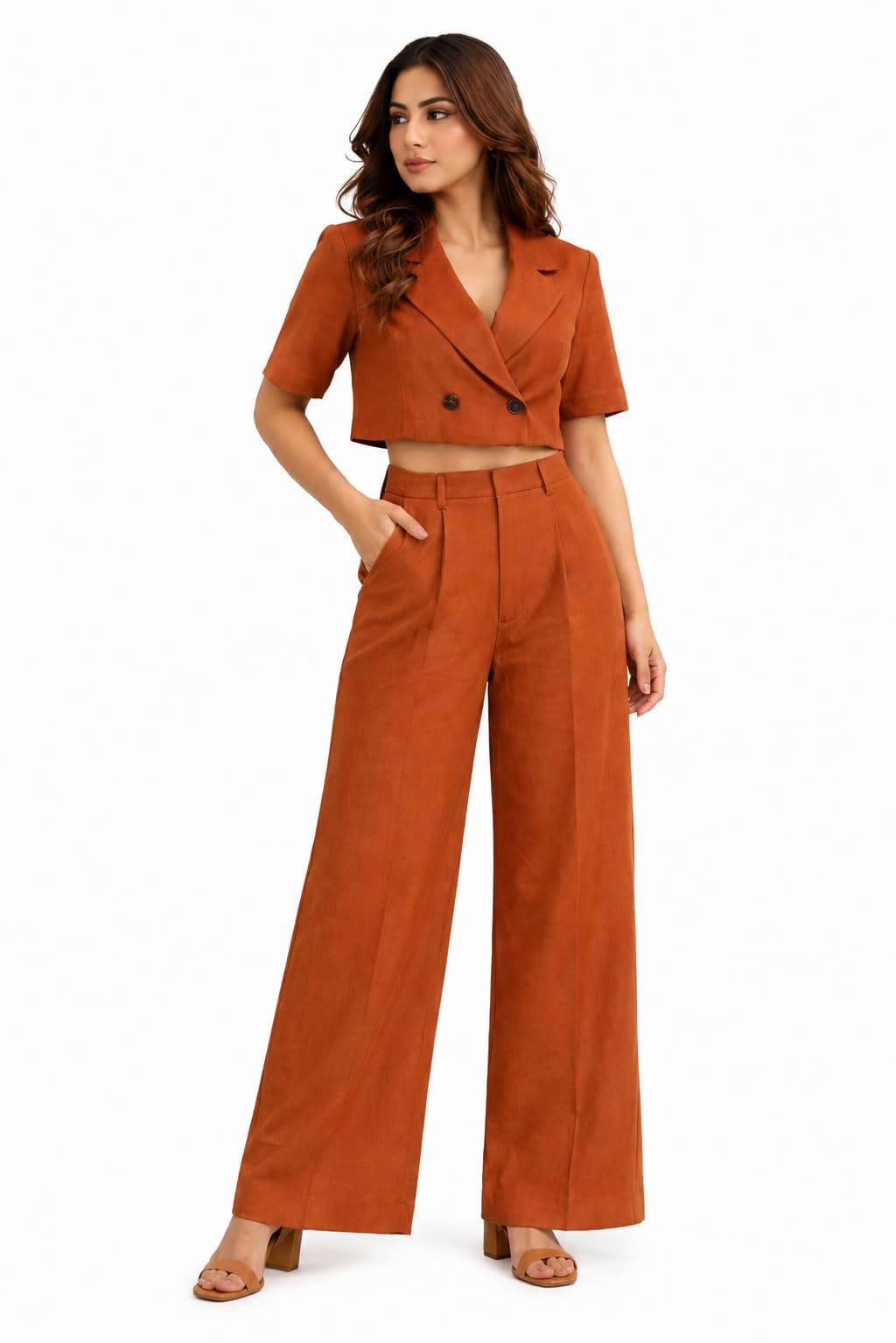 Women's Rust Orange Crop Top and Wide Leg Trouser Co-ord Set, Short Sleeve, High Waist-image-8