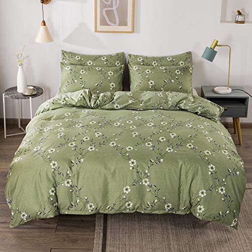 Flowers Bedding Set White Floral Duvet Cover Set Green Plants Branches Comforter Cover for Kids Women Adults Botanical Bedspread Cover with 1 Duvet Cover and 2 Pillowcases,Soft Lightweight,King
