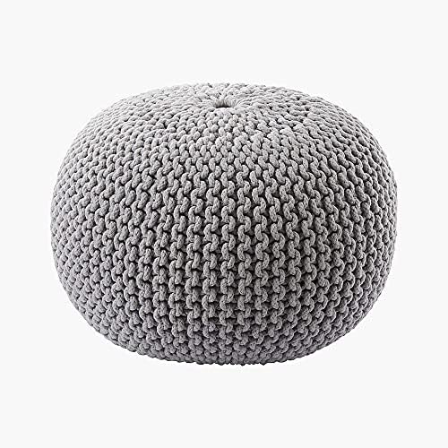 FRELISH DECOR Round Pouf Foot Stool Bean Bag Ottoman | Knit Braided Cord Boho Pouffe Poof Accent Beanbag Chair Footrest for The Living Room, Bedroom, Nursery, Patio, Lounge (Light Grey 20x20x14 Inch)