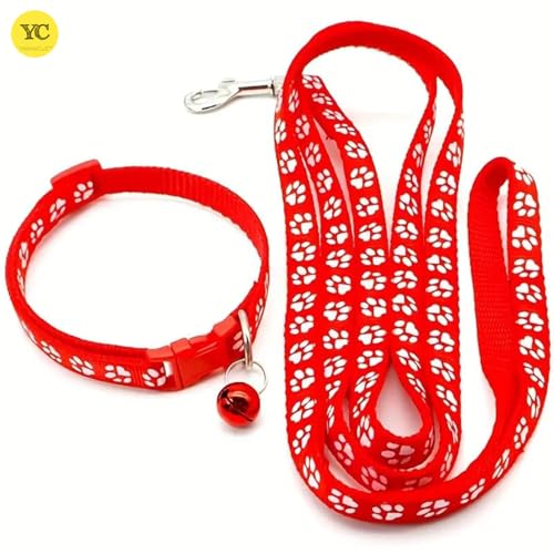 Image of YellowCult Dog /Cat Collar Leash Set with Adjustable Soft Nylon Paw Print Pet Collar for Cats, Puppies, Small Dogs, Fat Rabbits Walking Training, Bell & Quick Release Buckle Safety Lock -[Red]