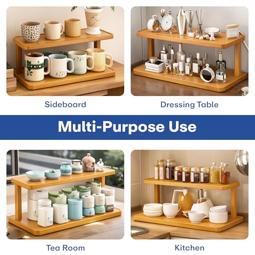 Image of Rioware Bamboo Organizer Rack - Multi-Layer Desktop Storage Shelf for Cups, Mugs & Tea Sets | Wooden Countertop Sideboard Display Stand for Kitchen, Dining & Home Deco