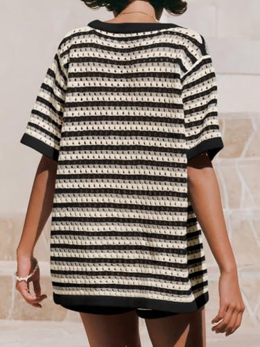Image of Saodimallsu Womens Crochet Swimsuit Coverup Summer Beach Sets Striped Knit Short Sleeve Button Shirts 2 Piece Short Set