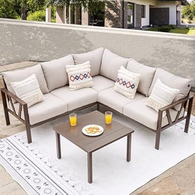 COMLAX FIELD Patio Furniture Set, 6 Pieces Outdoor Couch Sectional, L Shaped Patio Sofa, Metal Patio Couch Sectional with Side Table, Outdoor Seating Conversation Set, Beige