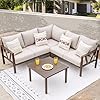 Patio Furniture Set, 6 Pieces Outdoor Couch Sectional, L Shaped Patio Sofa, Metal Patio Couch Sectional with Side Table, Outdoor Seating Conversation Set, Beige