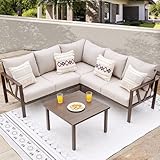 COMLAX FIELD Patio Furniture Set, 6 Pieces Outdoor Couch Sectional, L Shaped Patio Sofa, Metal Patio Couch Sectional with Side Table, Outdoor Seating Conversation Set, Beige