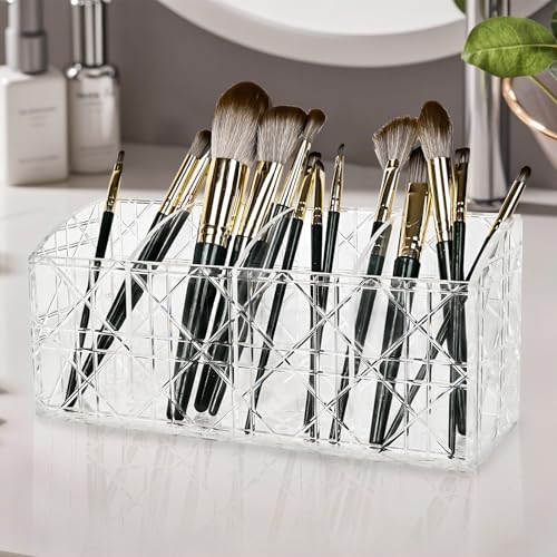 Image of Makeup Brush Holder Makeup Brush Organizer Acrylic -Makeup Brush Holder Clear Cosmetic- Makeup Brush Organizer - Storage Box Large Capacity 4 Slots Container for Brushes (Clear)