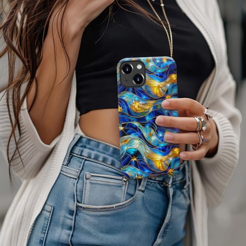 Image of Goodon for iPhone 14 Plus Case Cute - Wireless Charging Compatible - Dual-Layer Hard Shell + Silicone Cover - Protective Phone Case with Trendy Designs for Women - Abstract Bule Gold Water