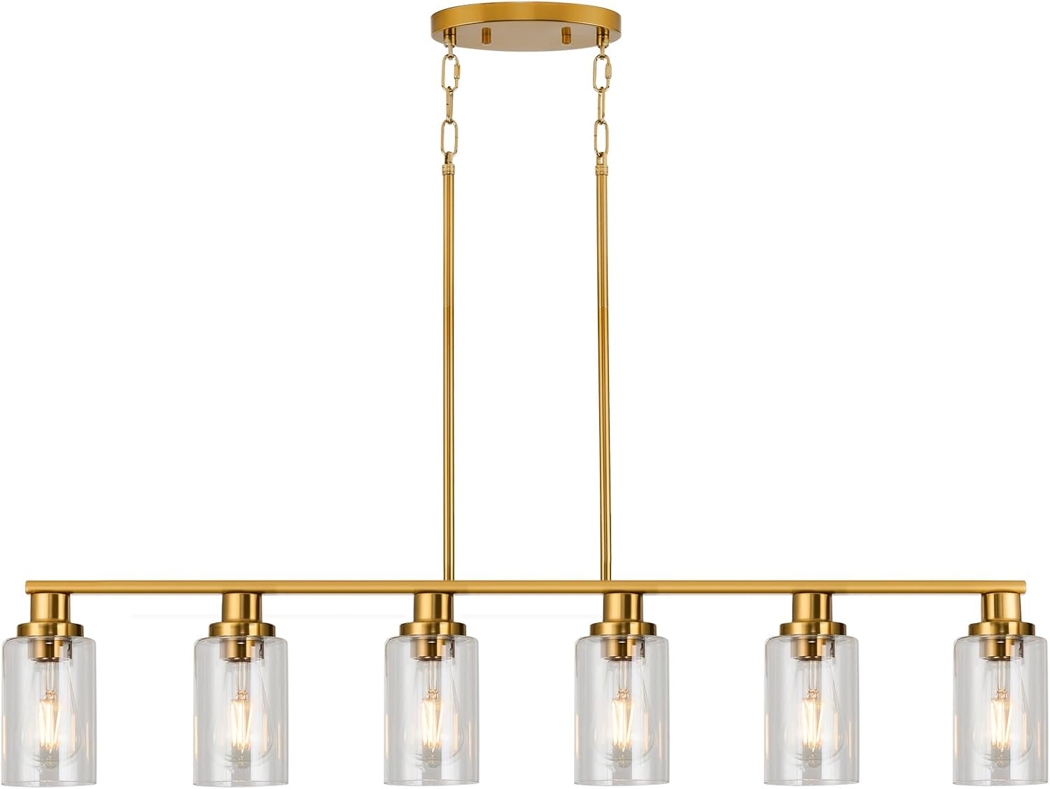 Kitchen Island Lighting, 6-Light Modern Dining Room Light Fixture Over Table,44.3'' Vintage Farmhouse Gold Linear Chandelier, Industrial Pendant Lights for Kitchen Island with Clear Glass Shade