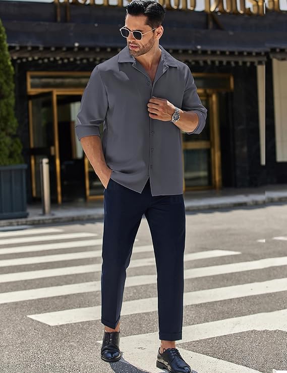 Image of CB-COLEBROOK Men Luxury Satin Silk Dress Shirt - Long Sleeve, Satin, Shiny Button Down, Prom, Wedding Party Shirt
