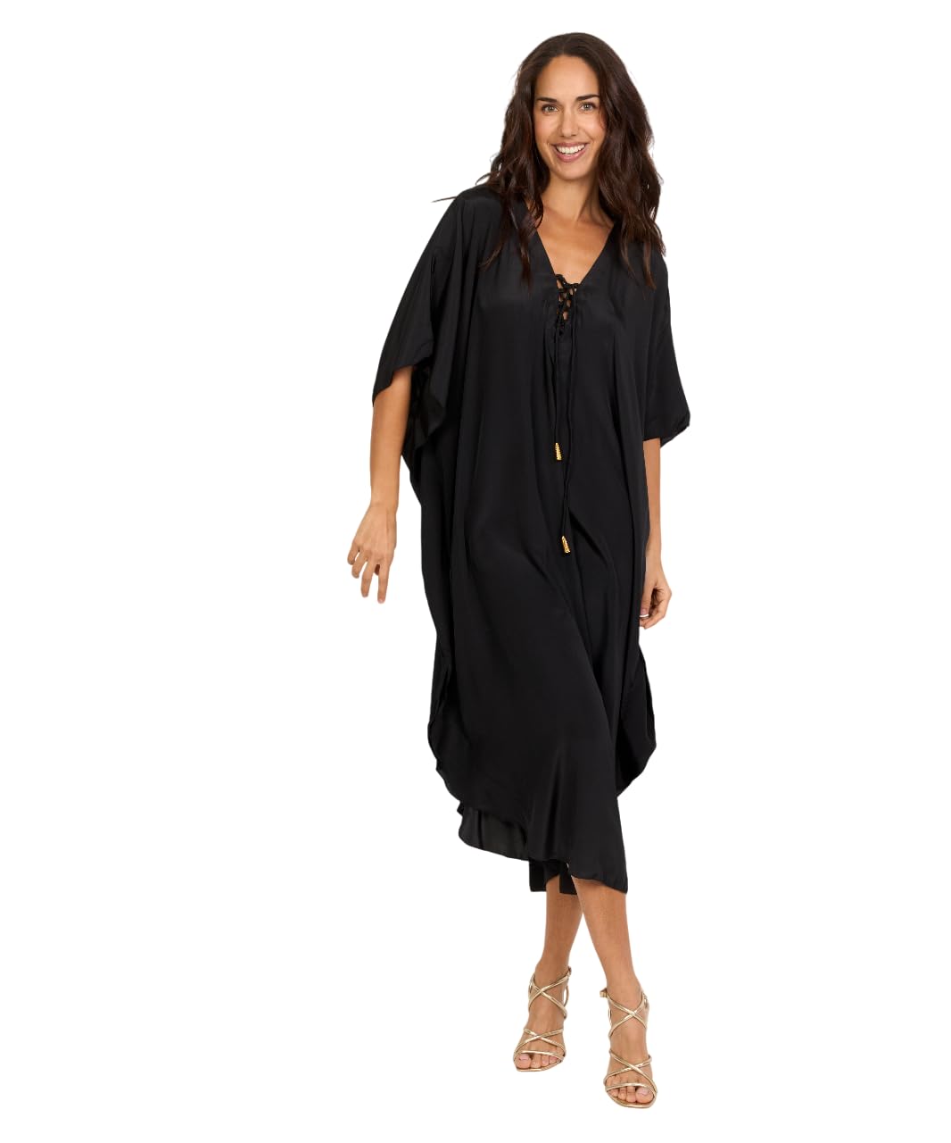 Kaftan de Playa Largo Casual con Cuello V, Detalles de Líneas Decorativas, Estilo Suelto