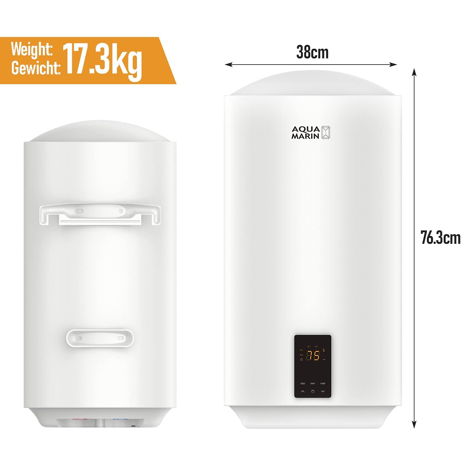 Aquamarin® Inteligentny elektryczny zbiornik ciepłej wody – 50 litrów, 2 kW, wiszący na ścianie, Smart, EEK B, emaliowany pojemnik wewnętrzny, inteligentny bojler, podgrzewacz wody, akumulator