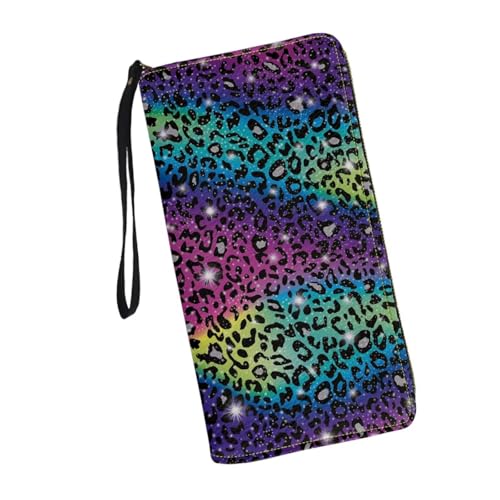 Colorful Leopard Wristlets Wallets for Womens Leather RFID Blocking Zipper Around Card Holder Organizer Travel Cluth Bags