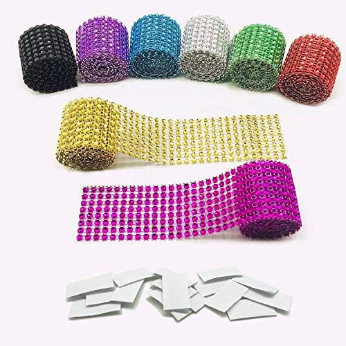 8 Colors 8 Row 1 M Acrylic Rhinestone Diamond Ribbon with 8 Pairs Self Adhesive Hook and Loop Tape for Wedding Cakes, Birthday Decorations, Baby Shower and Crafts Projects by Allazone