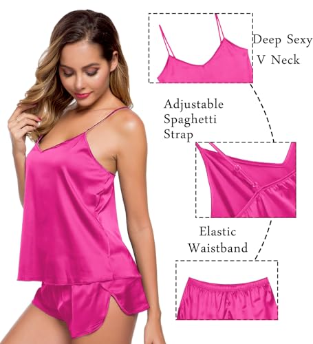 Image of SWOMOG Womens Silk Satin Pajamas Sets 4pcs Sleepwear Sexy Cami Shorts Set and Button Down Short Sleeve Pjs Loungewear Rose Red X-Large