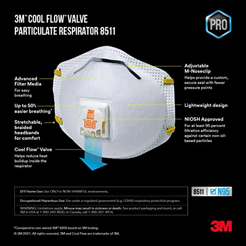 3M Respirator, N95, Cool Flow Valve, Paint Sanding, Filter Media, Stretchable, Exhalation Valve Helps Direct Exhaled Air Downward Allows For Easy Breathing, 2-Pack #TOP3