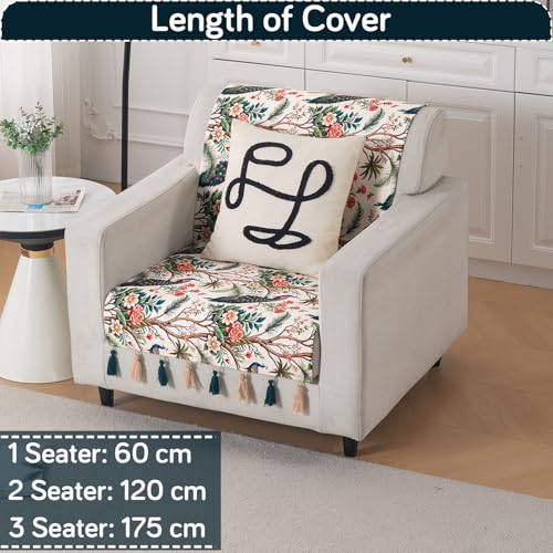 Image of HOKIPO Printed Holland Velvet Sofa Cover with Tassels for 1 Seater Sofa | Full Protection for Sofa Seat and Back | 'Whispers of Nature' (160x60 cm), Multicolor Tropical Peacock (IN-1125-D1)