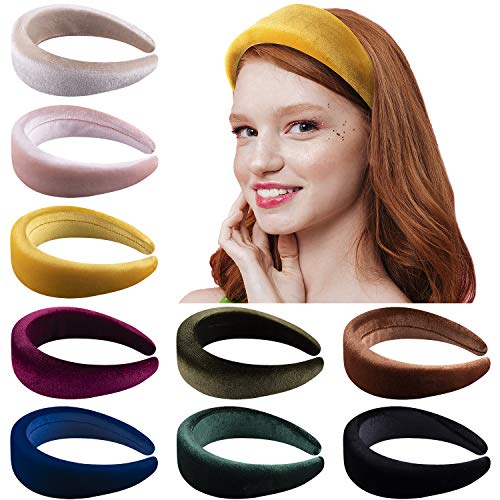 Duufin 9 Pcs Padded Headbands Thick Velvet Headband Puffy Sponge Headbands Vintage Wide Headband for Women, 9 Colors