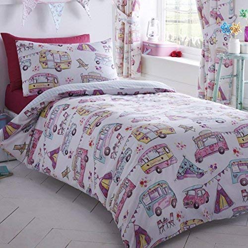 Kidz Club diseño Reversible Glamping  Caravan, Funda de edredón y 2 Funda de Almohada Juego de Ropa de Cama para Las niñas, Blanco, Doble