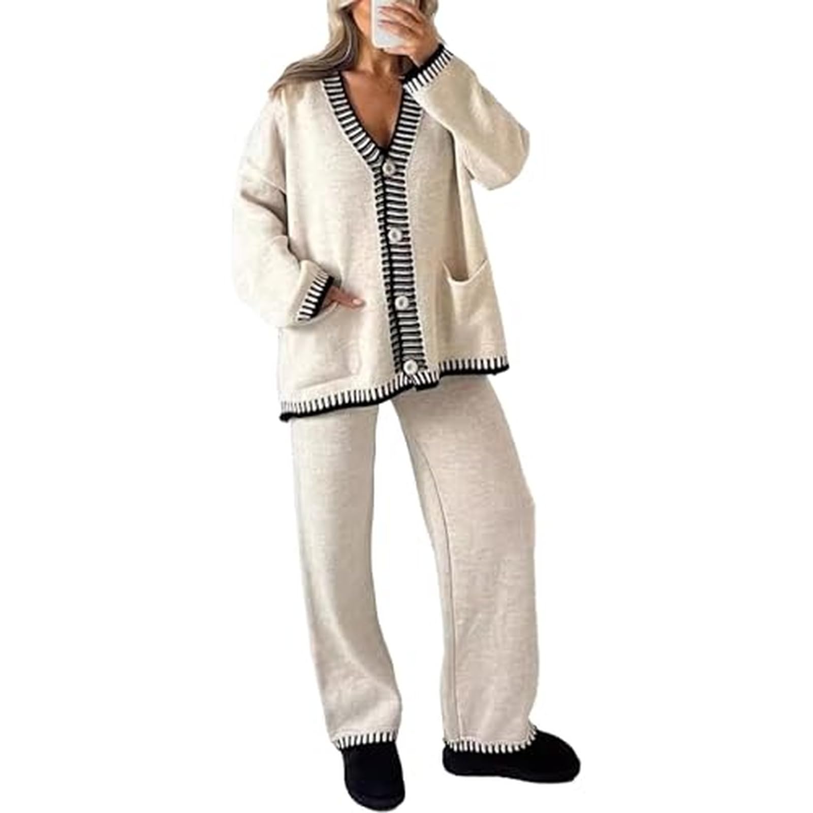 Women Two Piece Knit Set Button Front Cardigan And Matching Pants